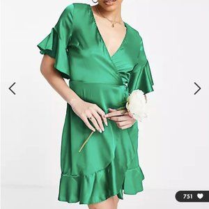 AX Paris Wedding Guest Satin Ruffle Mini Dress in Green